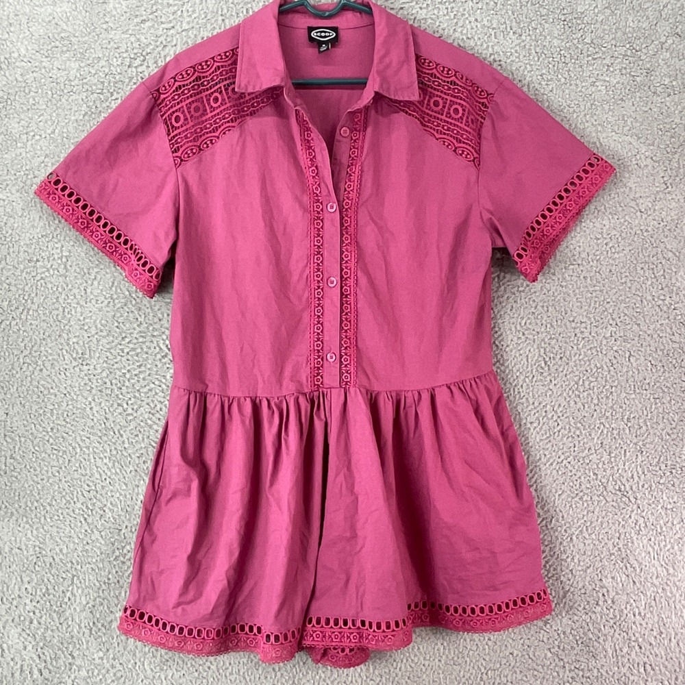Scoop Linen Blend‎ Romper Womens Medium Pink Eyelet Lace Good Boho Cottagecore